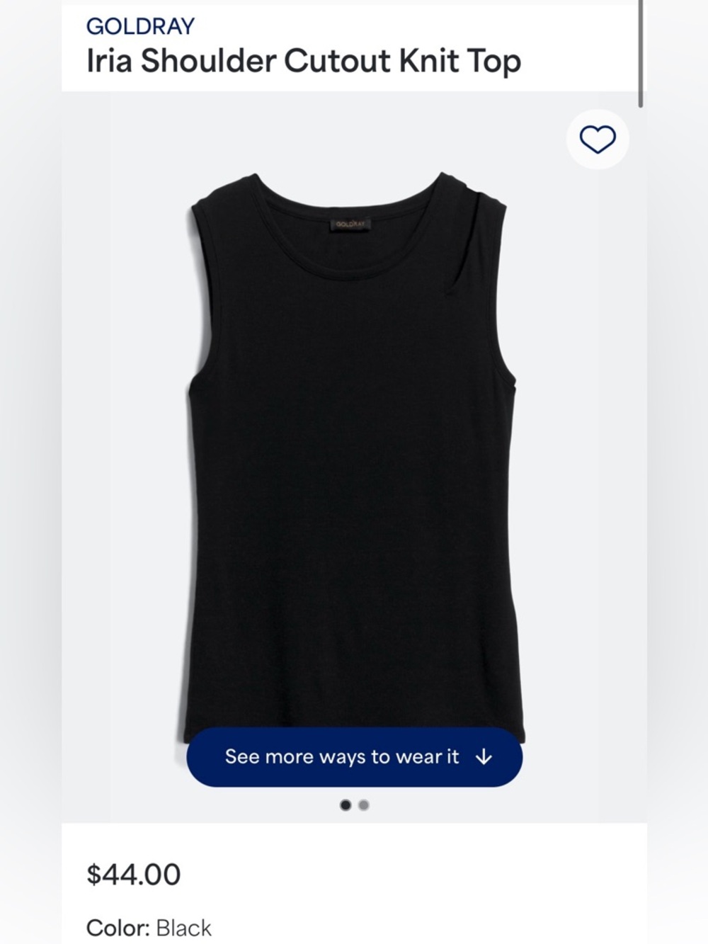 Goldray Iria Shoulder Cutout Knit Tank — Black size M